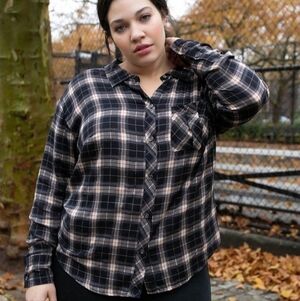 SONCY Plus Size Burgundy Beige Plaid Long Sleeve Button Up with Tie Back